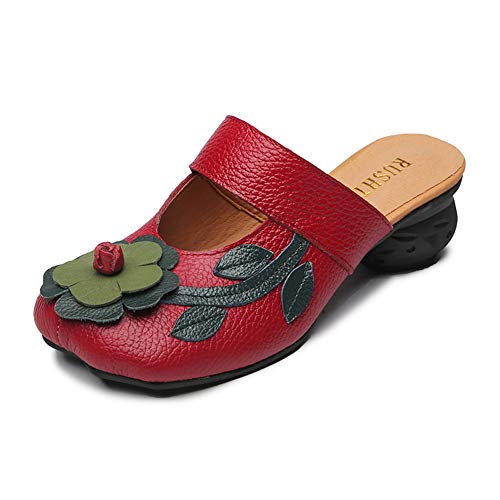 Popoti Damen Sandalen, Sommer Slipper mit Absatz Pantoletten Hausschuhe Leder Pumps Blume Mokassins Wedges Loafer Schuhe Flip Flops (Rot-2, 40) von Popoti