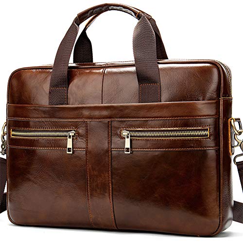 Popoti Herren Umhängetasche, Ledertasche Schultertasche Handtasche Aktentasche Wasserdicht Laptoptasche Schultasche Multifunktional Vintage Messenger Bag (Braun, 36X7X27CM) von Popoti