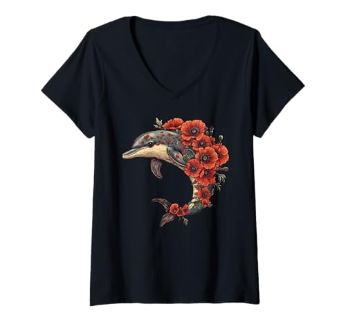 Damen Poppies Dolphin Poppy Flower Gardening Floral T-Shirt mit V-Ausschnitt von Poppies Dolphin Lover Flower Gardening Apparel