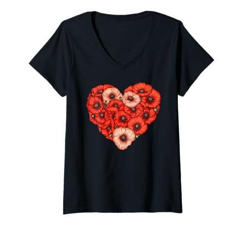Damen Poppies Flowers Heart Poppy Gardening Gardener T-Shirt mit V-Ausschnitt von Poppies Flowers Gardening Apparel