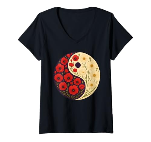 Damen Red Poppies Yin Yang Poppy Flower T-Shirt mit V-Ausschnitt von Poppies Yin Yang Flower Gardening Apparel