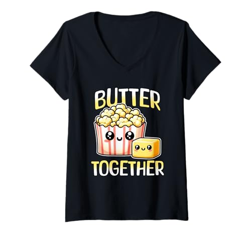 Damen Filmliebhaber Wortspiel Butter Together Pun Kawaii Buttered Popcorn T-Shirt mit V-Ausschnitt von Poppin Popcorn Gifts