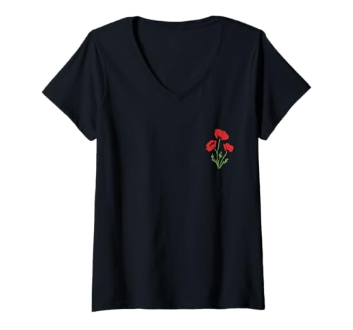 Damen Mohnblume August Geburt Blume Rote Mohnblumen Wildblume Floral T-Shirt mit V-Ausschnitt von Poppy Birth Flower - Apparel & Gifts