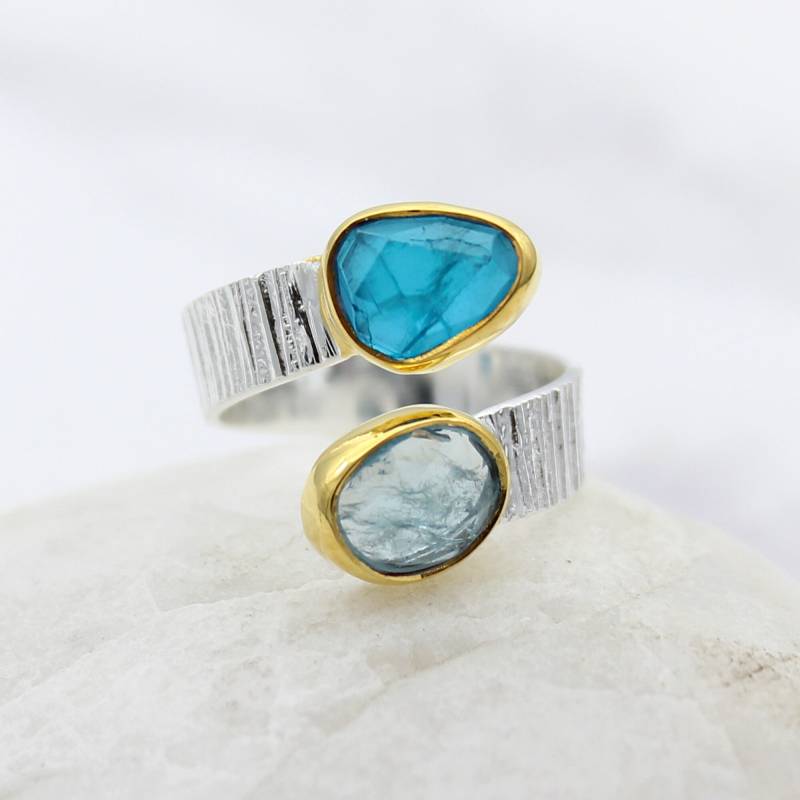 Aquamarin Und Apatit Edelstein Ring, Schmuck, Cocktail Sterling Silber Ring von PoppySilverJewellery