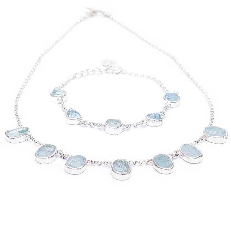 Handgemachte Aquamarin Edelstein Damen Halskette Und Armband Sterling Silber Schmuckset von PoppySilverJewellery