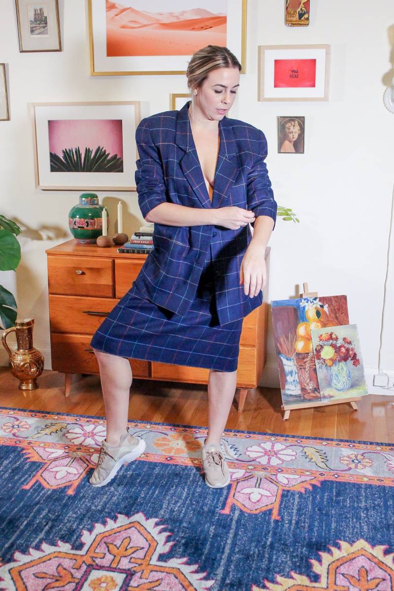 Vintage Rock Anzug/Fensterscheibe Blazer Set Navy Blue Kariert 90Er Jahre 80Er von PoppyThornVintage