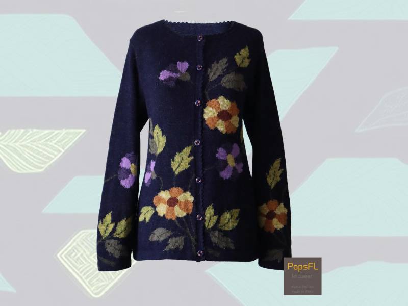 Frauen Strickjacke Alpaka, Pullover Intarsia Handgestrickt Mit Ganz Bunten Blumenmuster, 100% Alpaka Intarsie Handgemachte Strickjacke von PopsFL