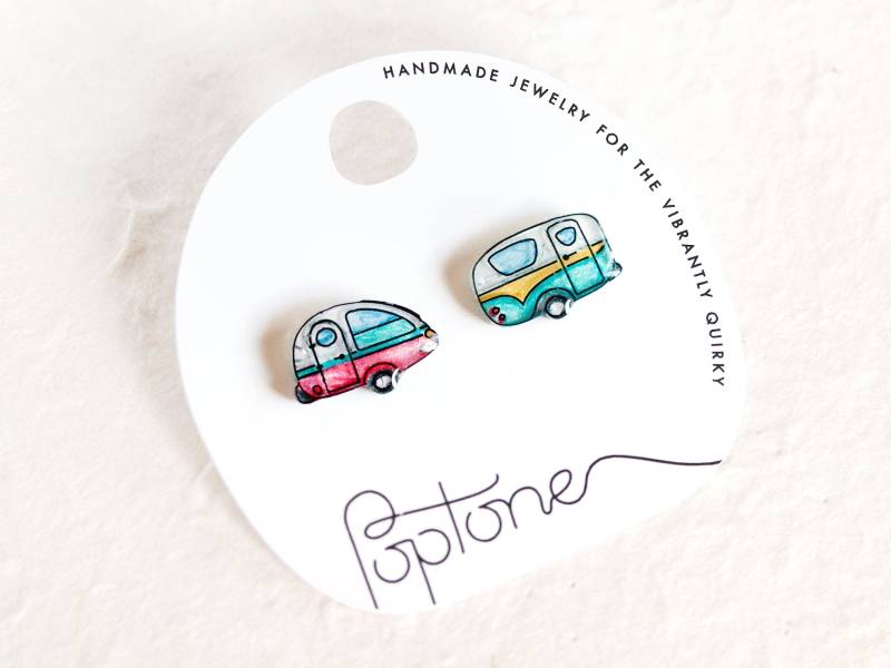 Camping Ohrstecker/Schmuck Vintage Reise Anhänger Retro Camper Caravan Ohrringe von Poptone