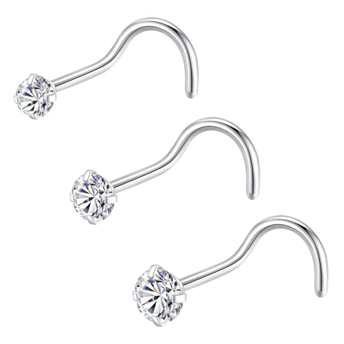 Popuhoops 3pcs 316L Chirurgenstahl 18g Silber Nasenringe Schraube Nase Studs 1.5mm 2mm 2.5mm CZ Cubic Zirkonia 18-Gauge Schraube Nasenringe für Frauen Männer Nase Piercing Körper Jewerly von Popuhoops