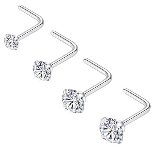 Popuhoops 4pcs 316L Chirurgenstahl 0,6mm Silber Nasenringe Studs Cubic Zirkonia L-Form Nostrial Piercing Body Jewerly L Shaped Nose Studs 22gauge 1.5mm 2mm 2.5mm 3mm CZ Nasenringe für Frauen Männer von Popuhoops