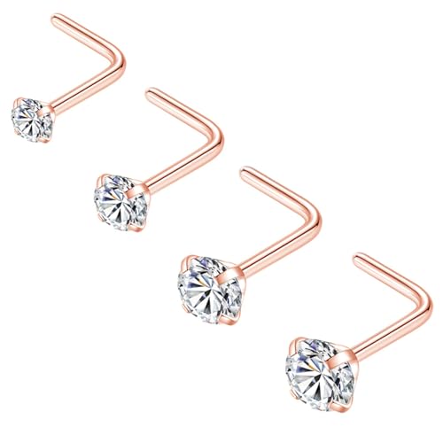 Popuhoops 4pcs 316L Chirurgenstahl 1,0mm Roségold Nasenringe Studs Cubic Zirkonia L-Form Nostrial Piercing Body Jewerly L Shaped Nose Studs 18gauge 1.5mm 2mm 2.5mm 3mm CZ Nasenringe für Frauen Männer von Popuhoops