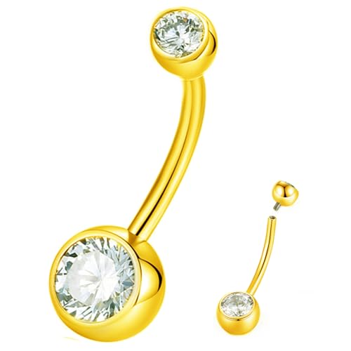 Popuhoops G23 Titan Bauchknopf Ring CZ Runde Cubic Zirkonia Intern Gewinde Bauchknopf Bars Nabel Piercing Ring Gold 14G 8mm Bauch Körper Piercings Barbell Schmuck Nabel Ring für Frauen Männer von Popuhoops