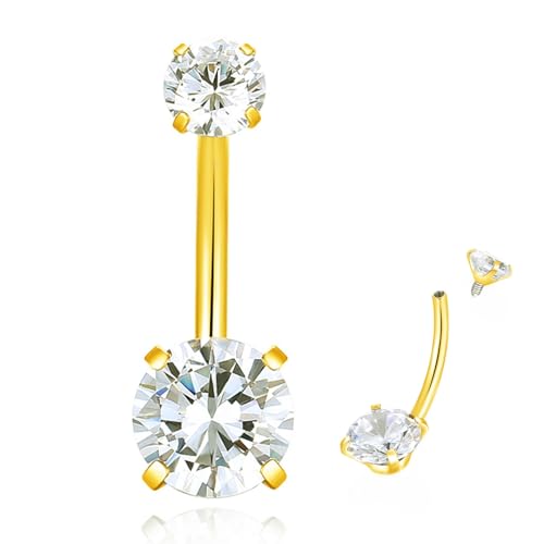 Popuhoops G23 Titan Bauchnabel Ring Prong Set CZ Cubic Zirkonia Intern Gewinde Bauchnabel Bars Nabel Piercing Ring Gold 14G 14mm Bauchkörper Piercings Barbell Schmuck Nabel Ring für Frauen von Popuhoops