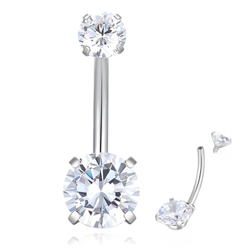 Popuhoops G23 Titan Bauchnabel Ring Prong Set CZ Runde Cubic Zirkonia intern Gewinde Bauchnabel Bars Silber 14G 14mm Bauch Körper Piercings Barbell Schmuck Nabel Ring für Frauen von Popuhoops