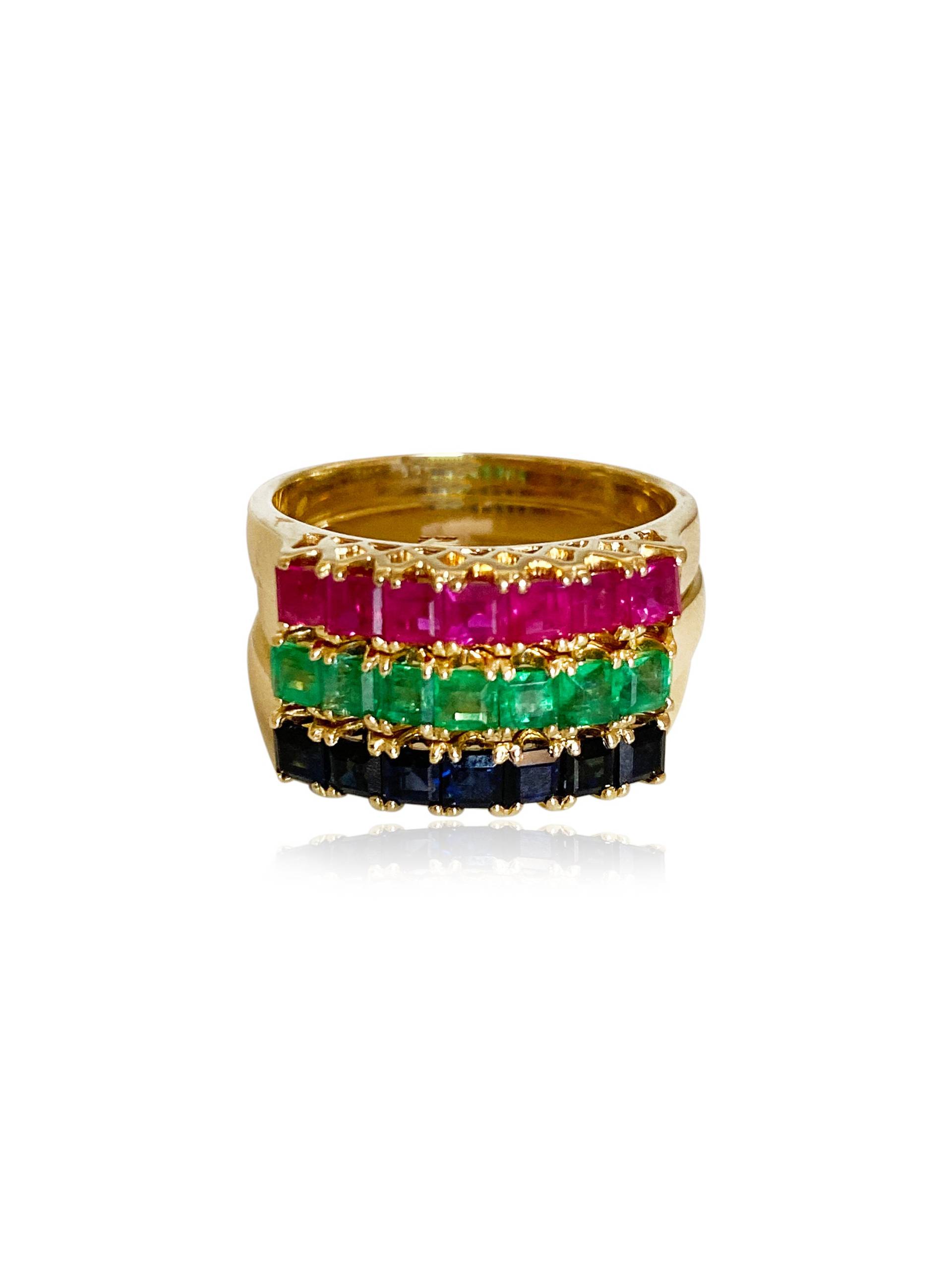 Echtes Rubin, Saphir Und Smaragd Princess Cut Stapelbares 3Er Set in Gelbgold 585 von PopularGemsMiami