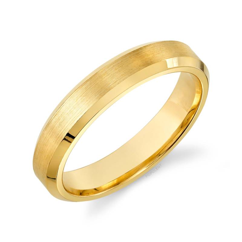 14K Gelbgold Band | 4 Mm | Abgeschrägte Kante Matt Gebürstet Komfort Passform Herren Damen Ehering von Populent