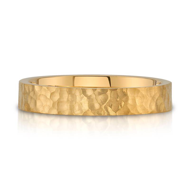 14K Gelbgold Band | 4 Mm | Flach Gehämert Matte Satin + Comfort Fit Herren Damen Ehering Zigarre von Populent