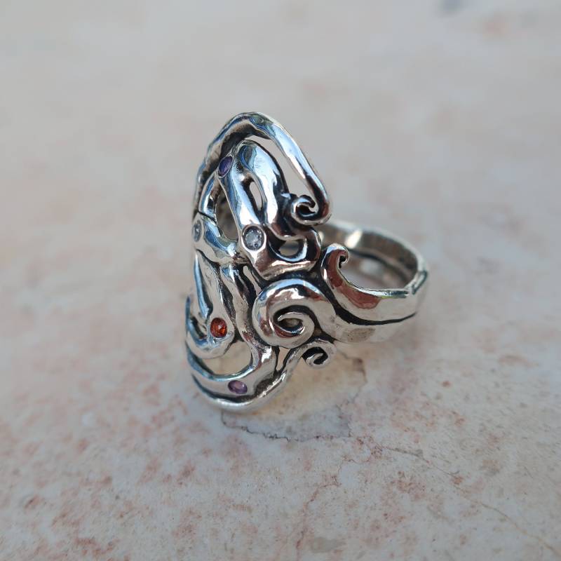 Strukturierter Sterling Silber Multi-Stein Ring Wire Art Design von Porans