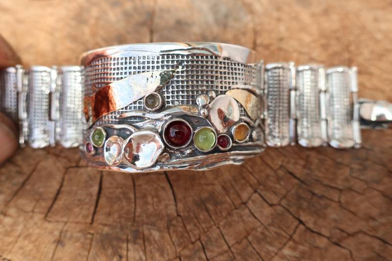 sterling Silber Manschette Armband Edelstein & 9K Gold Akzent, Handgemacht von Porans
