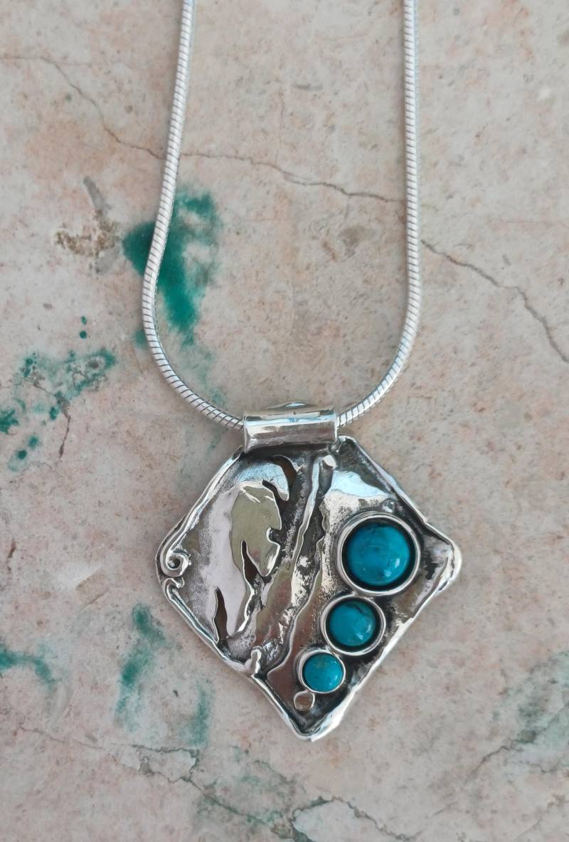 Kleiner Sterling Silber Anhänger Mit Natürlichen Edelsteinen - Einzigartige Handwerker Strukturierte Halskette von Porans