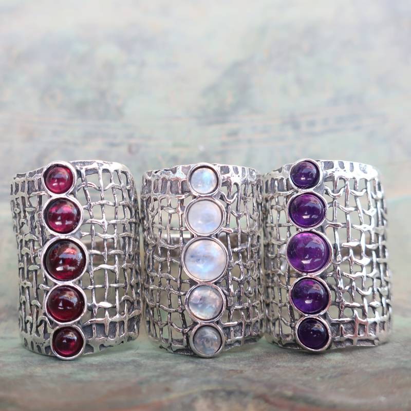 Langer Vintage Multi-stein Mesh Silberring Design Von Amir Poran von Porans