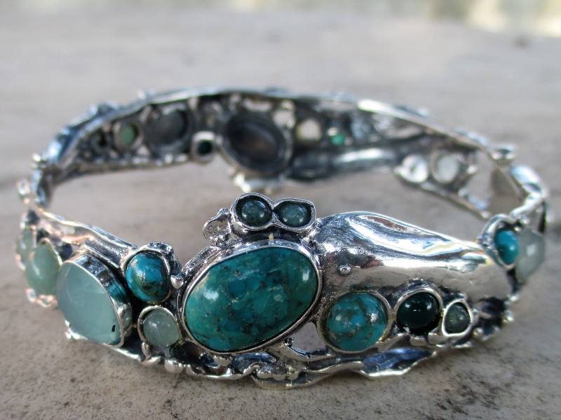 Multi Stein Silber Manschette Armband, Türkis Armreif Für Frauen von Porans