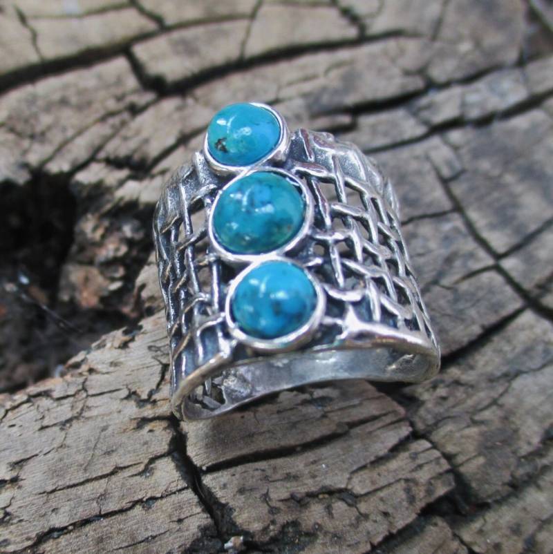 Silber Multi-stein Gitter-Ring, Breiter Türkis Ring Für Frauen, Design Von Amir Poran von Porans