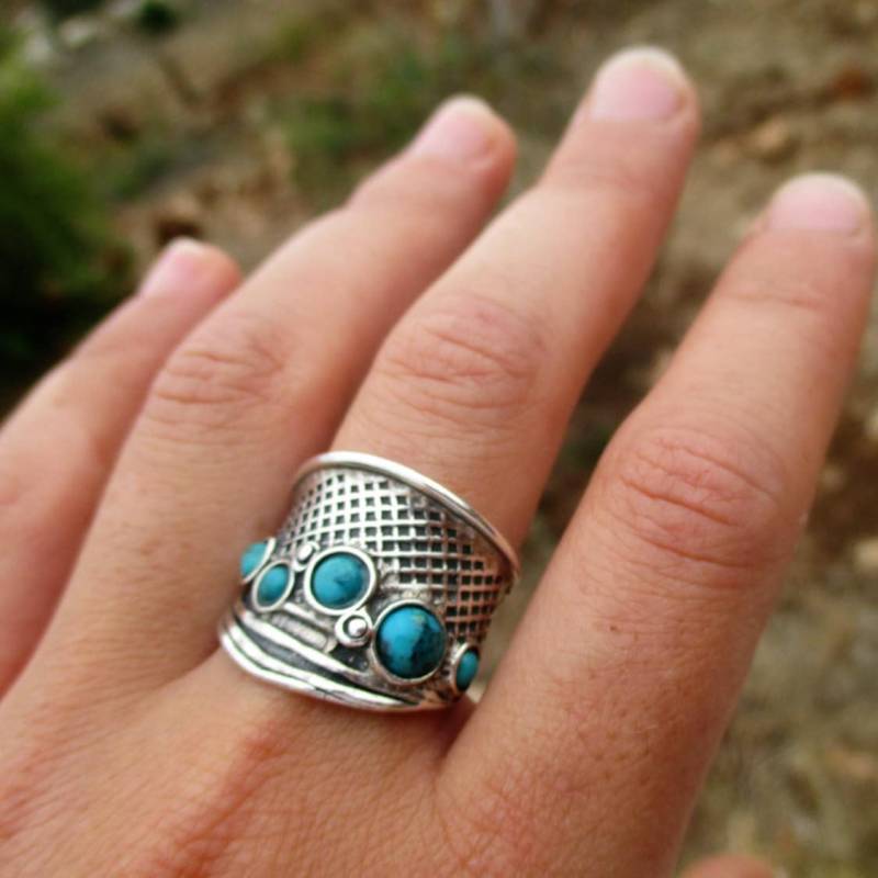 Silber Sterling Breit Bandring Für Frauen, Multi Stein Türkis Ring von Porans
