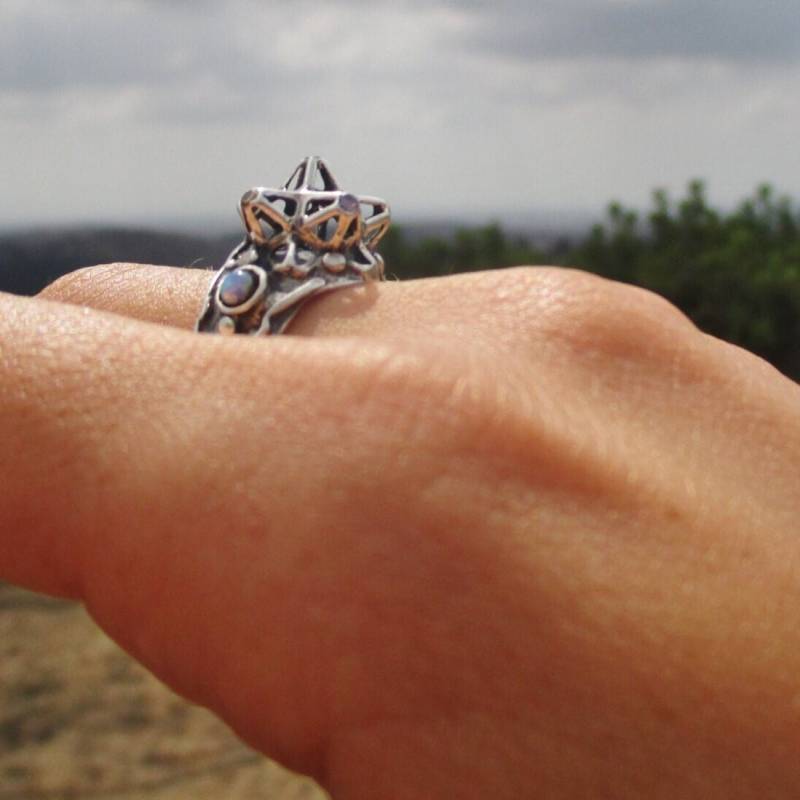 Statement Silber Stern Ring Opal & Zirkon Merkaba Design von Porans