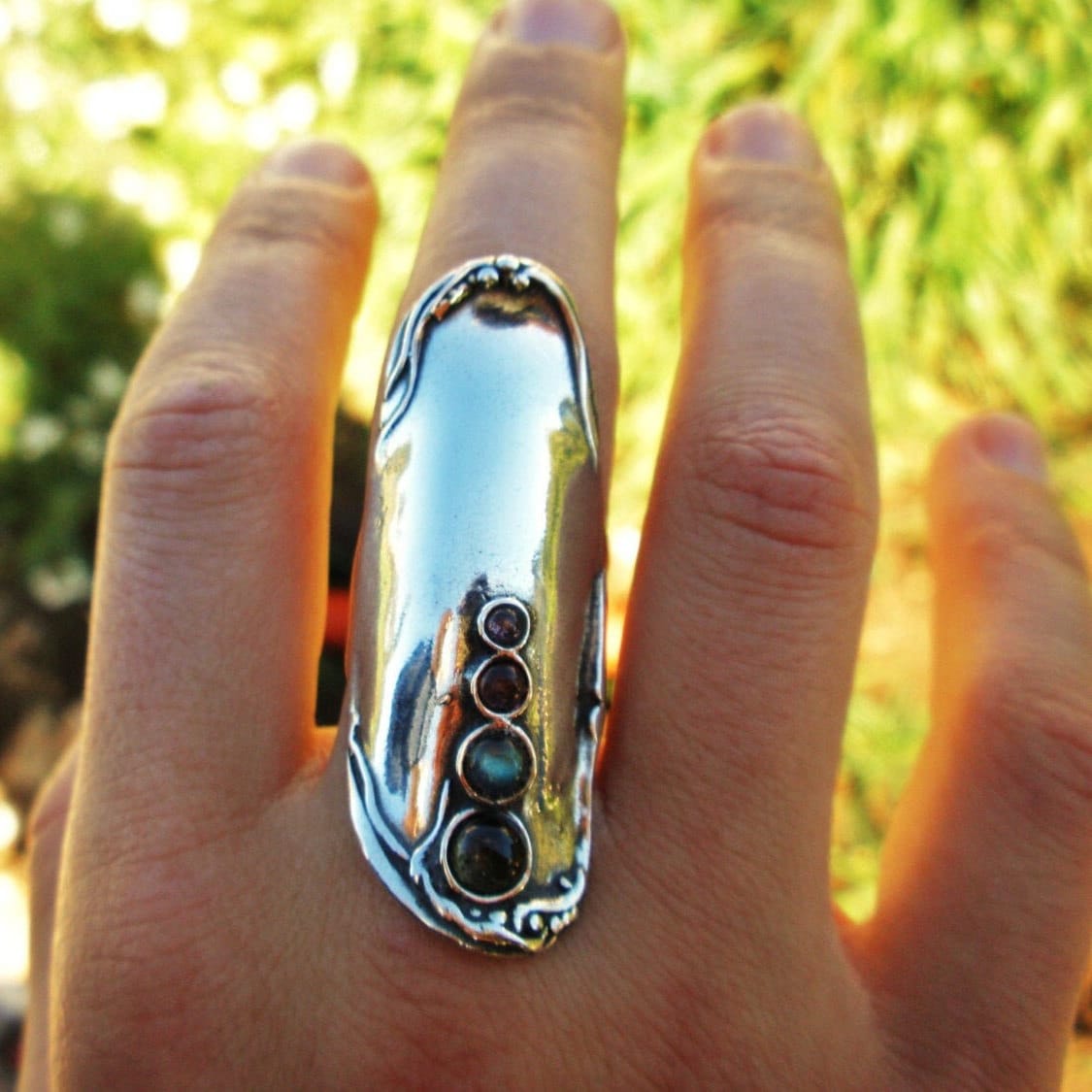 Voller Fingerring, Sterling Silber Multi-Stein Großer Ring, Lang Boho Multi Color Ring Für Frauen, Porans Schmuck von Porans