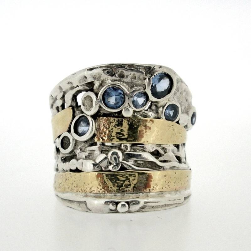 Zweifarbiger Sterling Silber Ring 9K Gold & Zirkon Multi Stone Design von Porans