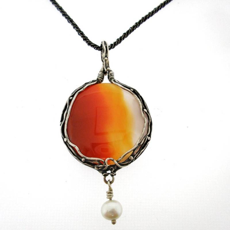 sterling Silber Großer Runder Edelstein Anhänger Für Frauen Boho Karneol Halskette von Porans