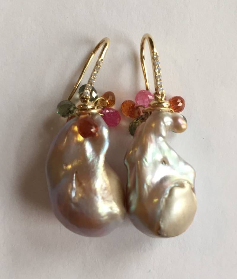 14K Gold Diamant Saphir Barock Perle Tropfen Ohrringe von PorcelainIndustry