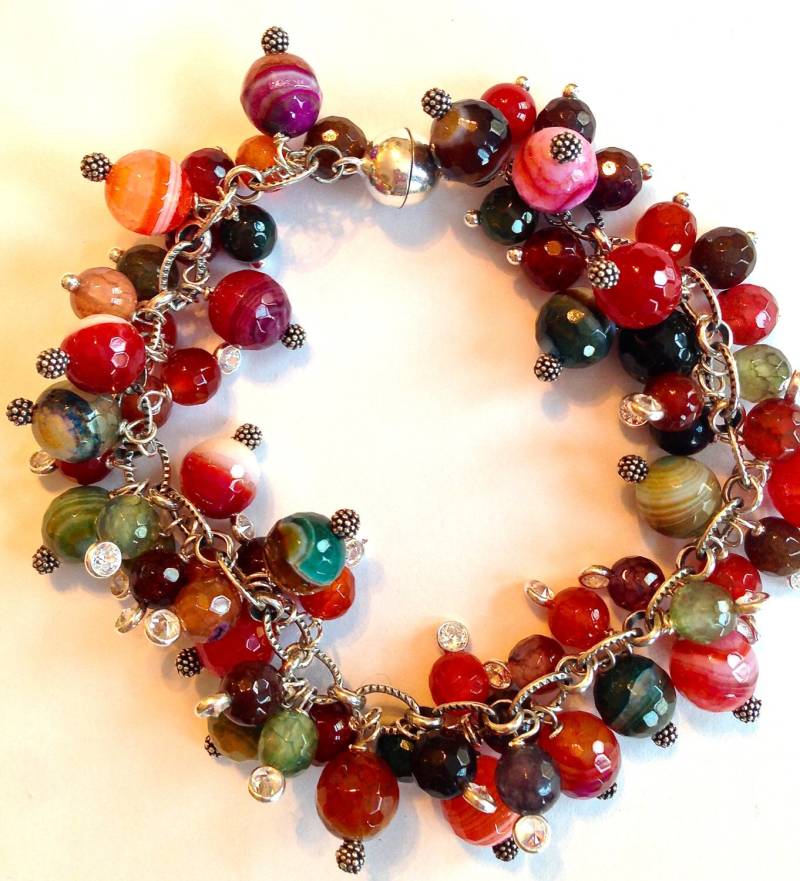 Feuer Achat Edelstein Cluster Armband Sterling Silber, Cz Akzente von PorcelainIndustry