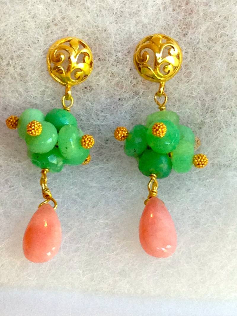Rosa Opal Chrysopras Fancy 24K Vermeil Headpins Und Filigrane Post Jewel Cluster Ohrringe von PorcelainIndustry