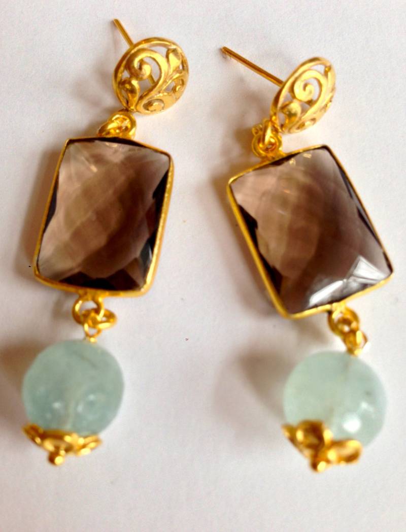 Smokey Topaz Ohrringe Aquamarin, 24K Gold Vermeil von PorcelainIndustry