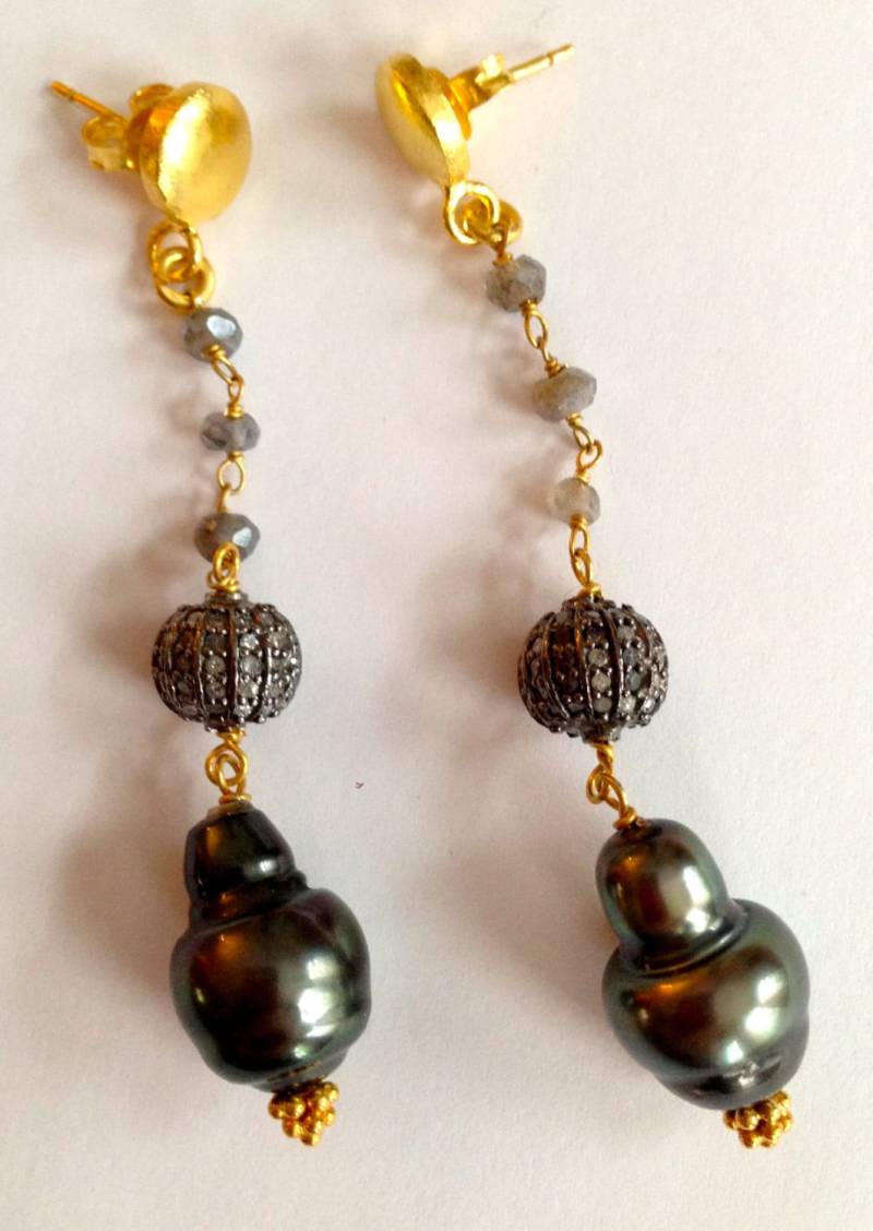 Tahitiperle Pave Diamant Ohrringe Labradorit Kette Vermeil Post von PorcelainIndustry