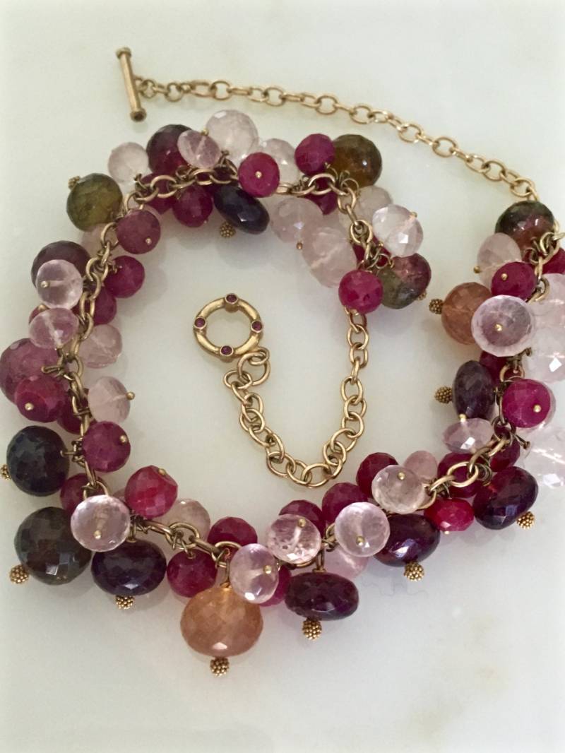 Turmalin Rubin Rosenquarz Halskette 14K Gold Filled Edelstein Cluster von PorcelainIndustry