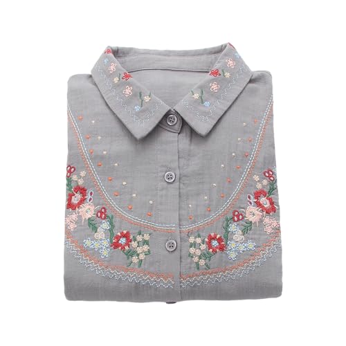 Porceosy Atmungsaktive Langarmbluse Reverskragen Frauen Top Damen Bestickt Blumen Shirt Casual Vielseitige Lose Fit mit, grau, M von Porceosy