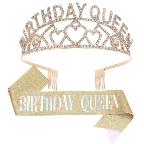 Porceosy Geburtstag Tiara Geburtstag Königin Tiara Schärpe Set Krone Kamm Happy Birthday Schärpe Festliche Kopfbedeckung für Frauen Party Dekor Geburtstag Krone, xxxl, Zinklegierung, Stoff von Porceosy