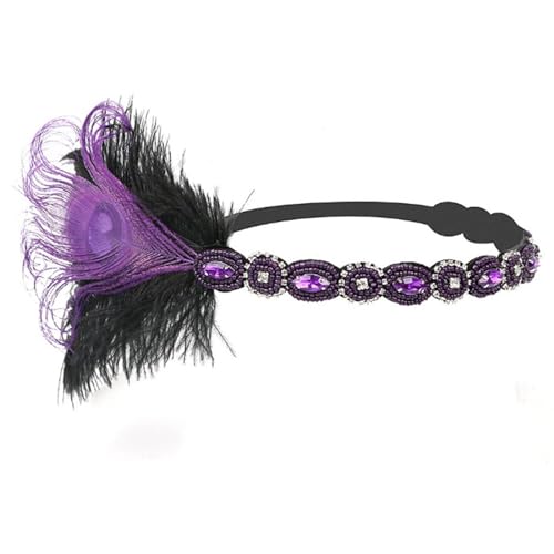 Porceosy Haarschmuck Party Kopfschmuck Schwarz Strass Stirnband Vintage Gatsby Band mit Feder Dekoration Damen Flapper Lila von Porceosy