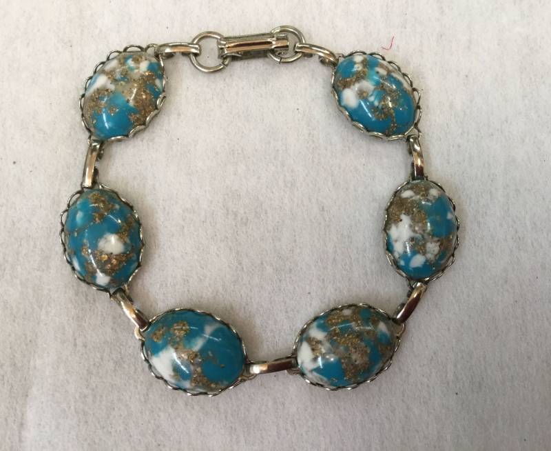 Duroplast Konfetti Aqua Jahrgang 7 1/2"-8" Armband in Silber Ton Sehr Gutem Zustand von PorchesandPetunias