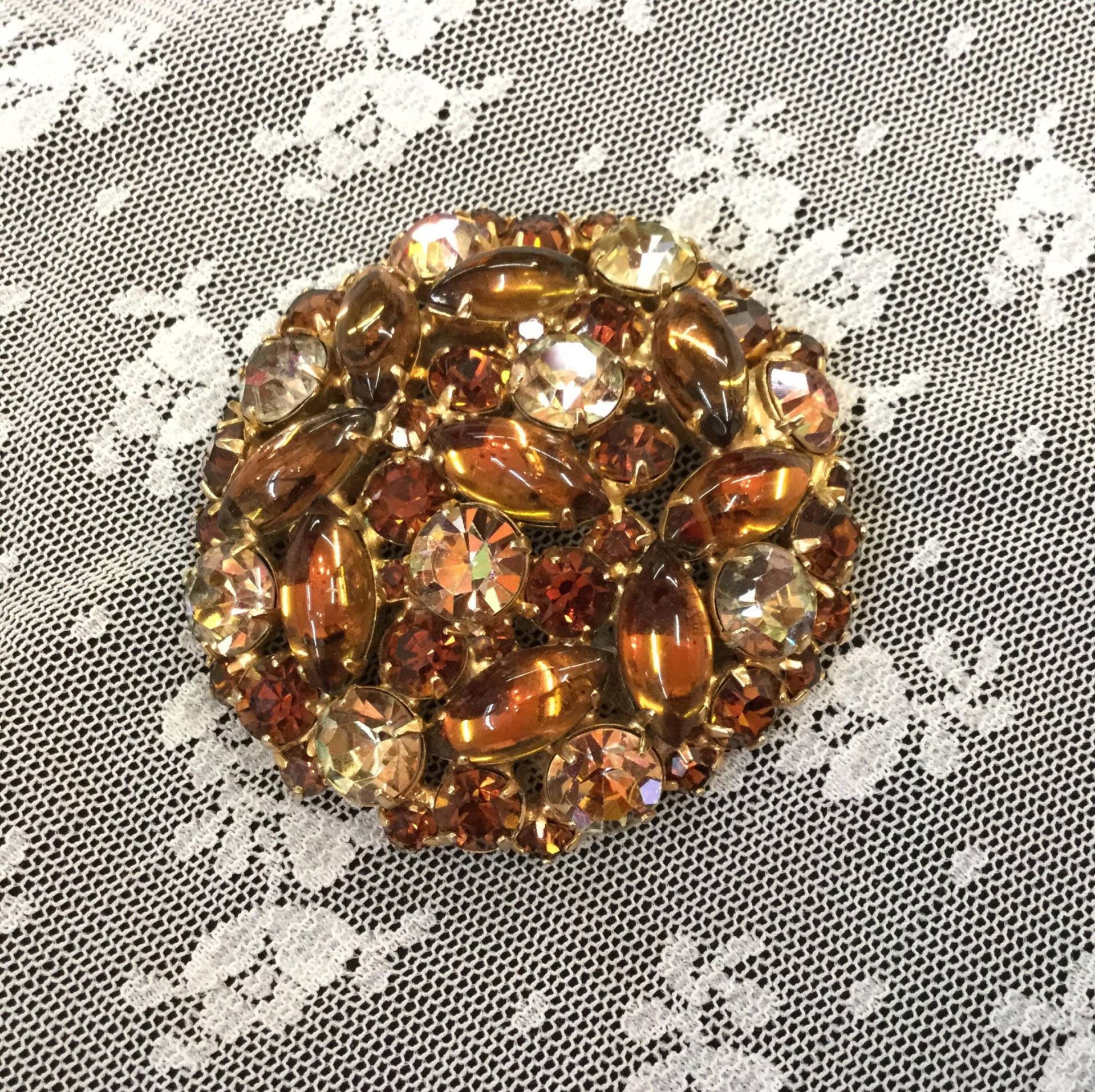 Exquisite Vintage Strass Brosche Pin Kupfer Farben Bernstein 2" Durchmesser von PorchesandPetunias