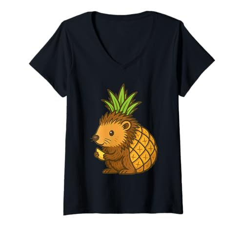 Damen Lustiges Stachelschweinchen Ananas Tier Erwachsene Kinder T-Shirt mit V-Ausschnitt von Porcupineapple Porcupine Pineapple Tees