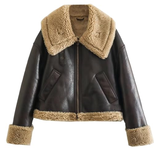 Porgeel Frauen Lederjacke mit Pelz Mode Leder Pelzjacke Winter warmer Revers kurzer Pelzmantel mit Reißverschluss für Frauen Mädchen Geschenk von Porgeel