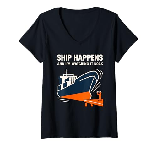 Damen Schiffsspotter Container Schiffsfrachtschiff Marine Tracking T-Shirt mit V-Ausschnitt Damen Schiffsspotter Container Schiffsfrachtschiff Marine Tracking T-Shirt mit V-Ausschnitt von Port Watcher Ship Nerd Coastal Hobby Ocean Freight