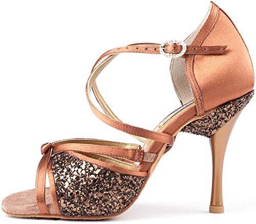 Portdance Damen Tanzschuhe PD801 Pro - Satin/Glitzer Bronze - 7,5 cm Slim [EUR 37] von Portdance