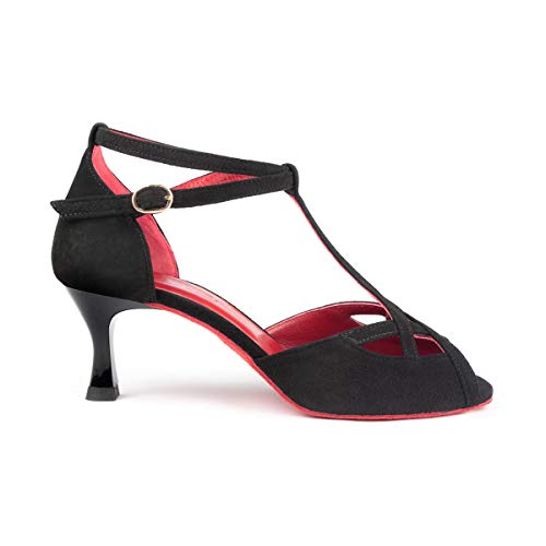 Portdance Damen Tanzschuhe Salsa Tango Sandalette PD505 Premium - Farbe: Schwarz/Rot - Absatz: 5 cm Flare (klein) - Größe: EUR 36,5 von Portdance