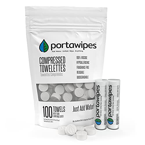 Portawipes Münztaschentücher | 100 Stück mit 2 Tragetaschen | Toilettenpapiertabletten | komprimierte Handtücher | erweiterbare Tücher | weich und geruchsfrei von Portawipes
