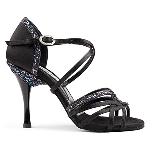 Portdance Damen Tanzschuhe PD800 Pro - Satin Schwarz/Glitzer - 5.5 cm Slim [EUR 40] von Portdance